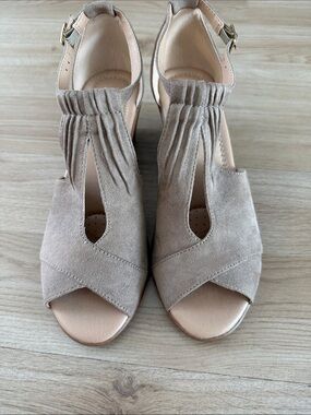 Suede Open-Toe T-Strap Heels in Taupe